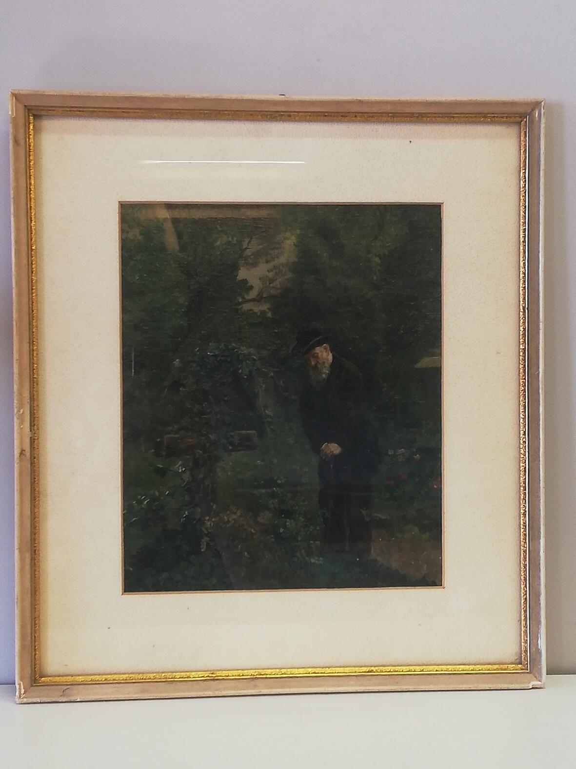Jugendstil Gemälde- Mann besucht Grab im Wald