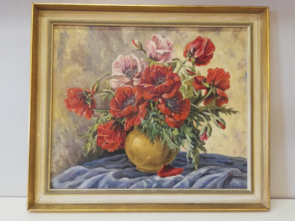 Stilleben mit Roten Blumen in Kugelvase