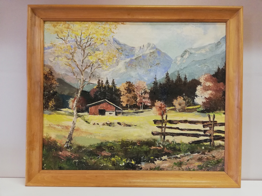 Wiese mit Hütte vor Bergkulisse