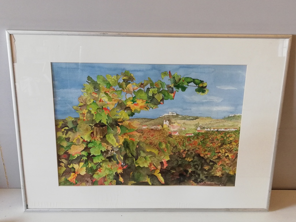 Weinberg mit Ort im Hintergrund, Aquarell