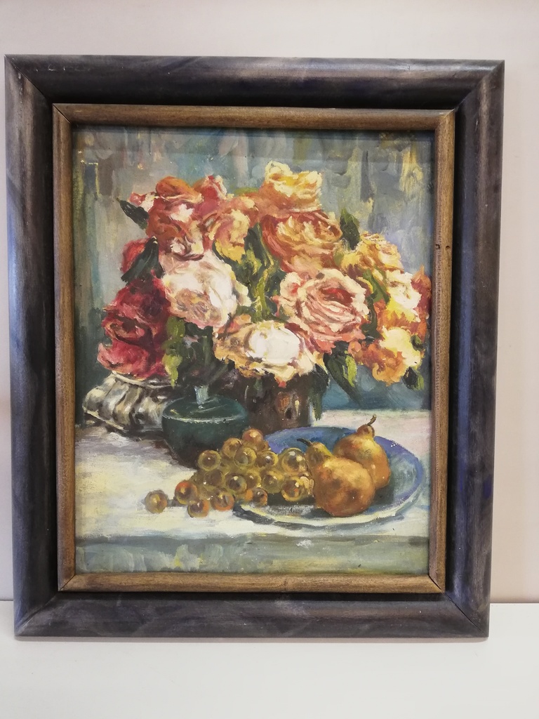 Rosenstilleben mit Birnen und Weintrauben
