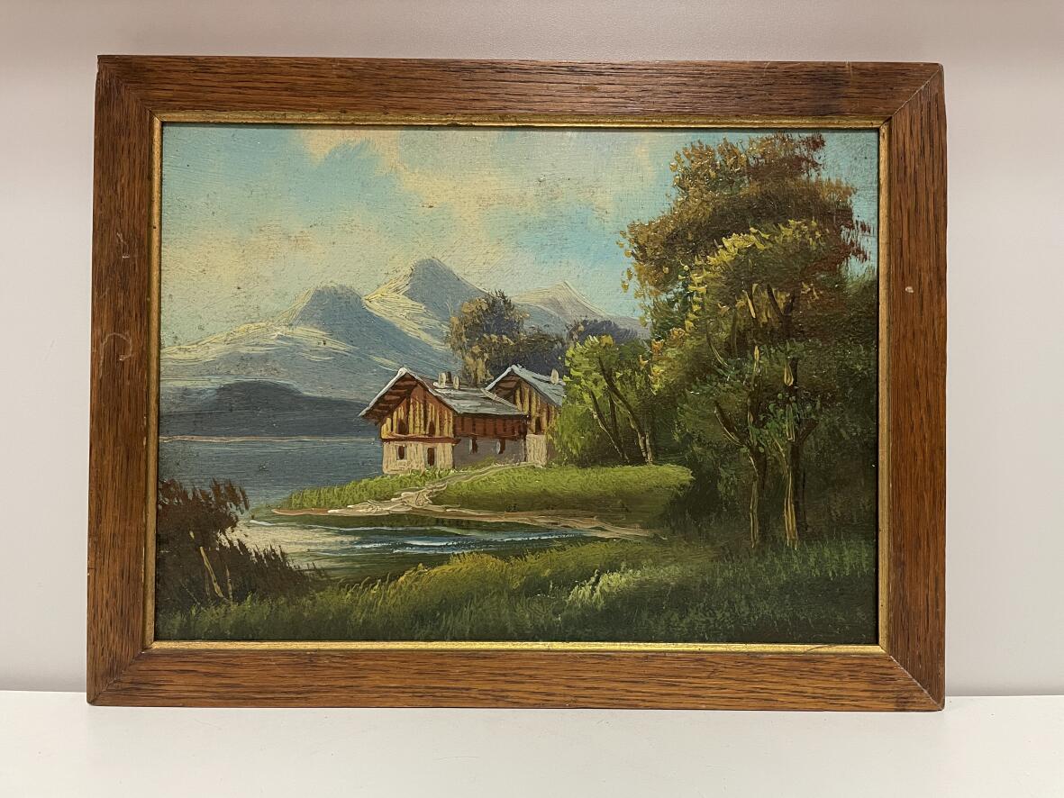 Häuser am Gebirgssee, Ölgemälde