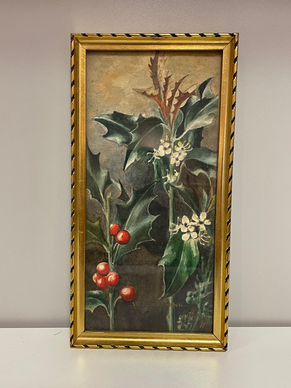 Pflanzen mit weißen Blüten und roten Beeren, Deckfarbenmalerei