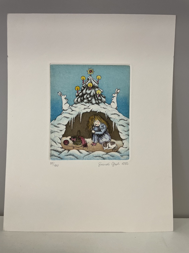Gundi Groh, Mädchen in Höhle mit Christbaum darüber, Kunstdruck, Nr. 51 von 100
